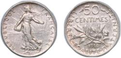 World Coins - France Third Republic 1918 50 Centimes Silver (.835) (36491942) 2.49g AU Franc 2014 190 Gad 1789 420 KM 854 Schön 186