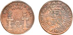 World Coins - Spanish Netherlands 1666 Anvers Token - Charles II (Accession to the throne of Spain) Copper 5.73g VF  Dugniolle 4231