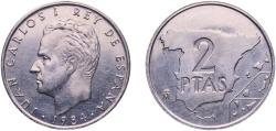 World Coins - Spain 1984 M 2 Pesetas - Juan Carlos I Aluminium (96% aluminium, 3.5% magnesium, 0.5% manganese) Royal Mint of Spain (47650000) 1.99g BU  KM 822 Schön 52