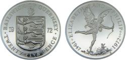 World Coins - Bailiwick of Guernsey Dependency of the British Crownlocated Elizabeth II 1972 25 Pence 25th wedding anniversary of Queen Elizabeth II and Prince Philip