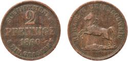 World Coins - Germany Duchy of Brunswick German states 1860 2 Pfennige - William Copper (147000) 3.01g VF  AKS 90 Jaeg 8 HB 254 KM 1155