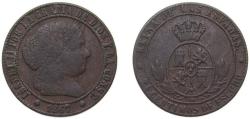 World Coins - Spain Kingdom 1867 OM 2½ Centimos de Escudo - Isabel II Bronze Barcelona Mint 6g VF KM 634
