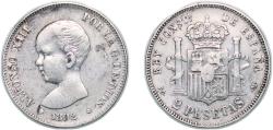 World Coins - Spain Kingdom 1892 *18-92 PGM 2 Pesetas - Alfonso XIII (1st portrait) Silver (.835) Madrid Mint (1379000) 9.87g XF  KM 692
