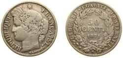 World Coins - France Third Republic 1871 A 50 Centimes Silver (.835) Paris Mint (235803) 2.5g VF F 189 Gad 419 KM 834.1 Gad 419a