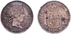 World Coins - Spain Kingdom 1868 *18-68 1 Escudo - Isabel II Silver (.900) Madrid Mint 12.91g XF  KM 626