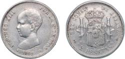 World Coins - Spain Kingdom 1892 *??-92 PGM 2 Pesetas - Alfonso XIII (1st portrait) Silver (.835) Madrid Mint (1379000) 9.91g XF KM 692 Cal 29