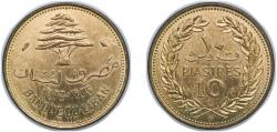 World Coins - Lebanon Republic 1972 10 Qirush / Piastres Nickel brass (92% Copper, 6% Aluminium, 2% Nickel) (12000000) 3.29g UNC KM 26 Schön 27