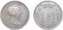 World Coins - Spain Kingdom 1851 20 Reales - Isabel II Silver (.900) Madrid Mint 25.95g VF KM 593 Cal 151