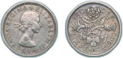 World Coins - Great Britain United Kingdom 1960 6 Pence - Elizabeth II (1st portrait; no 'BRITT:OMN') Copper-nickel (103283300) 2.82g XF KM 903 Sp 4149