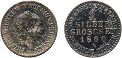 World Coins - Germany Kingdom of Prussia 1860 A 1 Silbergroschen - Frederick William IV Billon (.222 silver) Berlin Mint 2g VF  AKS 86 Old/Mue 2 322 KM 462 Neum 24, 46 Schr 132-5, 270-3