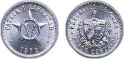 World Coins - Cuba Second Republic 1972 5 Centavos (Patria y Libertad) Aluminium (aluminium 97.15%, magnesium 2.5%, manganese 0.35%) Havana Mint (100000000) 1.47g UNC KM 34 JMA 41-46 Y 28 Schön