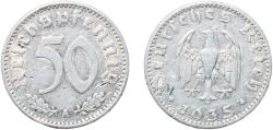 World Coins - Germany Third Reich 1935 A 50 Reichspfennig Aluminium Berlin Mint (75911893) 1.33g VF  KM 87 AKS 41 J 368 Schön 79