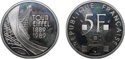 World Coins - France 1989 5 Francs (Eiffel Tower) Silver (.900) (6868) 12g PF  KM 968a F 342/2