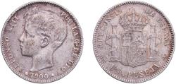 World Coins - Spain Kingdom 1900 SMV 1 Peseta - Alfonso XIII (3rd portrait) Silver (.835) Royal Mint of Spain (18650000) 4.95g VF  KM 706