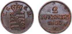 World Coins - Germany Kingdom of Saxony (Albertinian Line) German states 1856 F 2 Pfennige - John Copper (2181535) 3.32g XF AKS 152 Jäg 10 SW 80 KM 1185