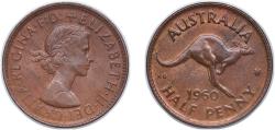 World Coins - Australia 1960 ½ Penny - Elizabeth II (1st Portrait; with "F:D:") Bronze (17812000) 5.64g UNC KM 61 Schön 43