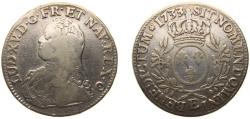 World Coins - France Kingdom 1733 E 1 Écu - Louis XV Silver (.917) Tours Mint (145019) 28.7g VF Dy royales 1675 GadR 321 KM 486 Ciani 2117