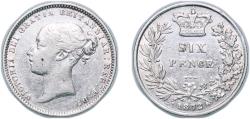 World Coins - Great Britain 1872 6 Pence - Victoria (1st portrait; 2nd type) Silver (.925) Royal Mint (Tower Hill) (3382000) 2.8g XF KM 751 Sp 3910 Sp 3911