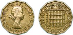 World Coins - Great Britain United Kingdom 1961 3 Pence - Elizabeth II (1st portrait; without 'BRITT:OMN') Nickel brass (79% Cu, 20% Zn, 1% Ni) Royal Mint (Tower Hill) (41102400) 6.8g XF KM 900