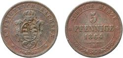 World Coins - Germany Kingdom of Saxony German states 1864 5 Pfennige - John Copper Dresden Mint (1090000) 7.36g VF  AKS 151 Jaeg 10 SW 131 KM 1218 Kahnt/Schön 168