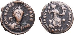 Ancient Coins - Rome Eastern Roman Empire 401 - 403 ANT AE Nummus Minimus - Theodosius II (CONCORDIA AVGG) Bronze Antioch Mint 2.19g VF