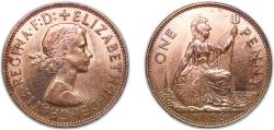 World Coins - Great Britain United Kingdom 1966 1 Penny - Elizabeth II (1st portrait; without 'BRITT:OMN') Bronze (165739200) 9.34g UNC KM 897 Sp 4157