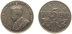 World Coins - Canada Commonwealth 1933 5 Cents - George V Nickel Ottawa Mint (2597867) 4.54g XF KM 29 Schön 28