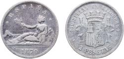 World Coins - Spain Provisional Government 1870 *18-75 DEM 2 Pesetas - Provisional Government Silver (.835) Royal Mint of Spain (11879646) 9.88g VF  KM 654