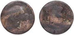 World Coins - Spain Kingdom 1877 - 1879 10 Centimos - Alfonso XII With Chopmarked ¨1 N.S.¨ Bronze 9.42g F KM 675 Cal 66