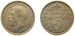 World Coins - Great Britain United Kingdom 1921 3 Pence - George V (2nd issue) Silver (.500) (8751000) 1.41g XF KM 813a Sp 4026 Sp 4029