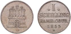World Coins - Germany Free Hanseatic city of Hamburg Holy Roman Empire 1855 A 1 Schilling Billon (.375 silver) (112000) 0.91g XF  KM 586