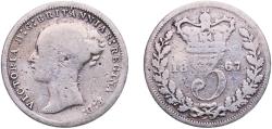 World Coins - Great Britain United Kingdom United Kingdom 1867 3 Pence - Victoria (1st portrait; incl. Maundy and Colonial) Silver (.925) Royal Mint (Tower Hill) (712800) 1.3g F  KM 730 Sp 3914