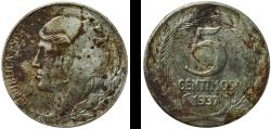 World Coins - Spain Second Republic 1937 5 Centimos - II Republic Iron Madrid Mint 3.48g XF  KM 752 Cal 9