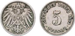 World Coins - Germany Germany - 1871-1948 Second Empire 1894 A 5 Pfennigs - Wilhelm II (type 2 - small shield) Copper-nickel (Cu 750, Ni 250) (10830195) 2.46g XF KM 11 AKS 16 J 12 Schön 12 Neum