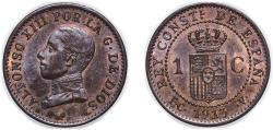 World Coins - Spain Kingdom 1913 *3 PCV 1 Centimo - Alfonso XIII (5th portrait) Bronze (95% copper, 4% tin, 1% zinc) (1429000) 0.98g UNC  KM 731 Cal 78