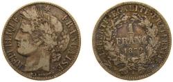 World Coins - France Kingdom 1872 A 1 Franc Silver (.835) Paris Mint (9852826) 5g XF F 216 Gad 465 KM 822