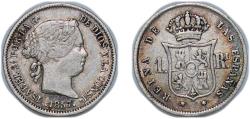 World Coins - Spain Kingdom 1857 1 Real - Isabel II Silver (.900) Madrid Mint 1.3g XF KM 606 Cal 401