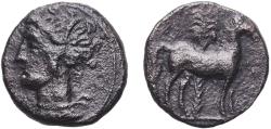 Ancient Coins - Carthaginian Empire Carthage 400 BC - 350 BC AE (Tanit & Horse, palm tree behind) Bronze Carthage Mint 2.59g VF  MAA 18 SNG Copenhagen 109 Müller SBZ 168 GCV 6444