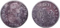 World Coins - Spain Kingdom 1801 S CN 2 Reales - Carlos IV Silver (.806) Seville Mint 6g VF KM 430.2