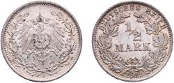 World Coins - Germany Second Empire 1915 A ½ Mark - Wilhelm II (type 2 - small shield) Silver (.900) (Ag 900, Cu 100) Berlin Mint (13014879) 2.78g UNC  KM 17 AKS 6 J 16 Schön 17