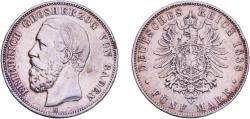 World Coins - Germany Grand Duchy of Baden Second Empire 1888 G 5 Mark - Friedrich I Silver (.900) Staatliche Münze Baden-Württemberg Mint (30111) 27.6g XF  KM 263 J 27 J 27 F Dav GT III 532