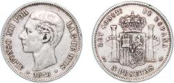 World Coins - Spain Kingdom 1878 *18-78 DEM 5 Pesetas - Alfonso XII (2nd portrait) Silver (.900) Madrid Mint (5000000) 24.9g VF  KM 676 Cal 28