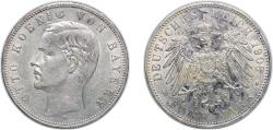 World Coins - Germany Kingdom of Bavaria German states 1908 D 5 Mark - Otto Silver (.900) (576579) 27.73g AU KM 915 J 46 Dav GT III 618 AKS 201