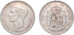 World Coins - Spain Kingdom 1879 *18-79 EMM 5 Pesetas - Alfonso XII (2nd portrait) Silver (.900) Madrid Mint (1634000) 24.82g XF  KM 676 Cal 28
