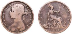 World Coins - Great Britain United Kingdom 1891 1 Penny - Victoria (2nd portrait; 2nd type) Bronze (17886000) 8.8g VF KM 755 Sp 3954 Sp 3955