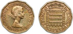 World Coins - Great Britain United Kingdom 1963 3 Pence - Elizabeth II (1st portrait; without 'BRITT:OMN') Nickel brass (79% Cu, 20% Zn, 1% Ni) (35280000) 6.86g XF KM 900 Sp 4153