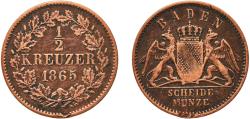 World Coins - Germany Grand Duchy of Baden German states 1865 ½ Kreuzer - Friedrich I Copper Staatliche Münze Baden-Württemberg Mint (349000) 2.14g VF Rim Damage  AKS 134 Jaeg 2 AB 80 KM 241