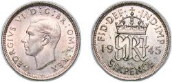 World Coins - Great Britain Kingdom 1945 6 Pence - George VI (1st coinage) Silver (.500) Royal Mint (Tower Hill) (39939200) 2.77g UNC KM 852 Sp 4084