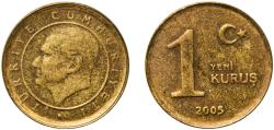 World Coins - Turkey Republic 2005 1 Yeni Kuruş Brass (70% Copper, 30% Zinc) Turkish State Mint (148419560) 2.68g AU  KM 1164 Schön 734