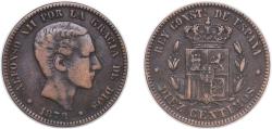 World Coins - Spain 1878 OM 10 Centimos - Alfonso XII Bronze (68740000) 9.63g VF KM 675 Cal 66